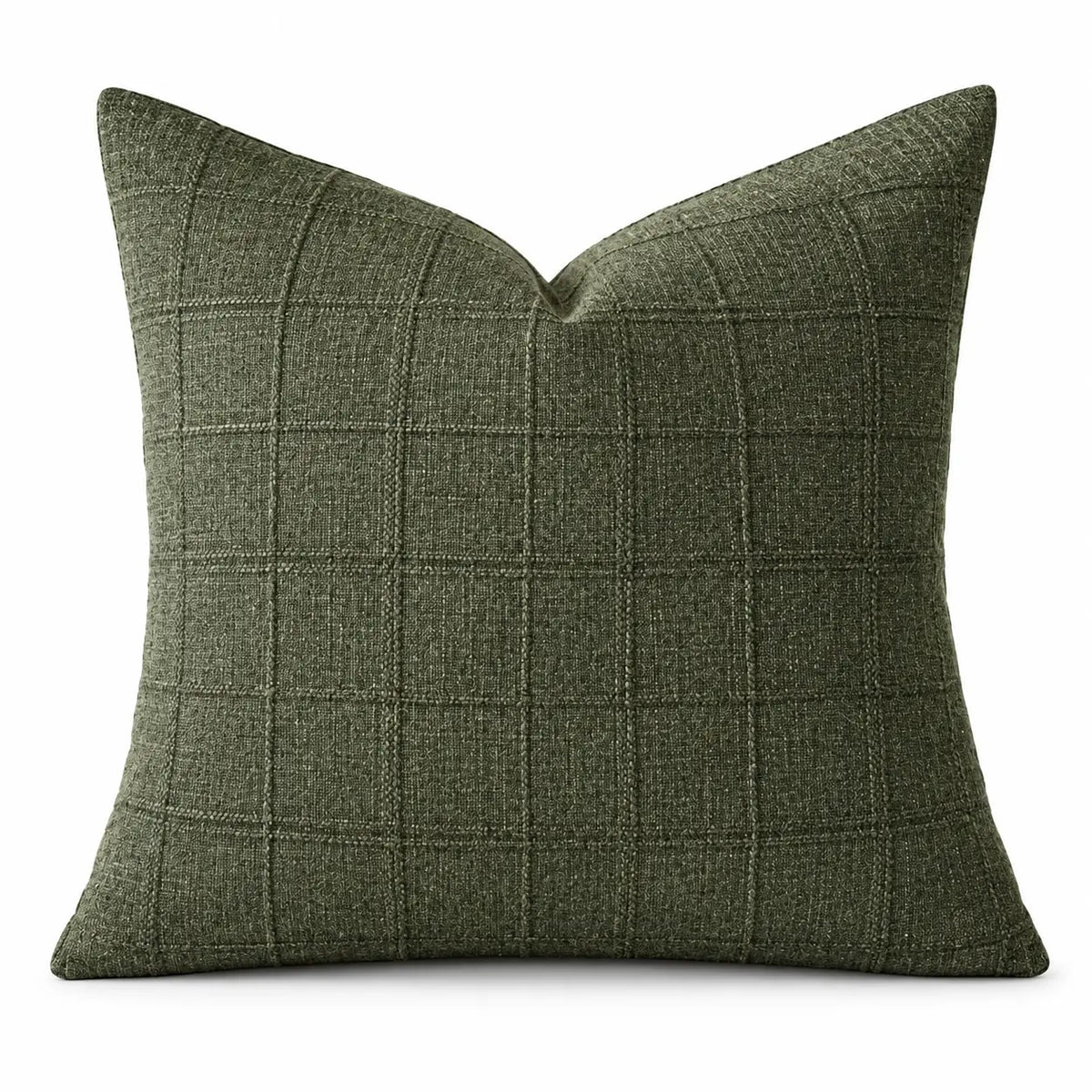 Moss green woven square cushion cover shown from the front on a white studio background.