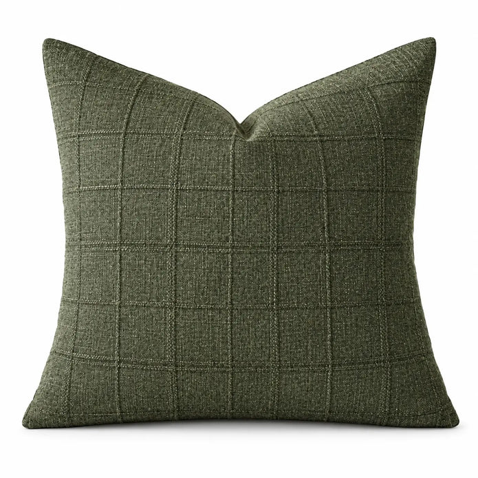 Moss green woven square cushion cover shown from the front on a white studio background.