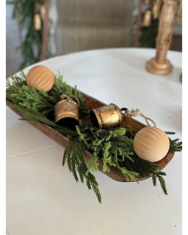 Dark rustic wooden dough bowl from My Amigos Imports, large size, ideal for kitchen and dining decor or bread preparation.