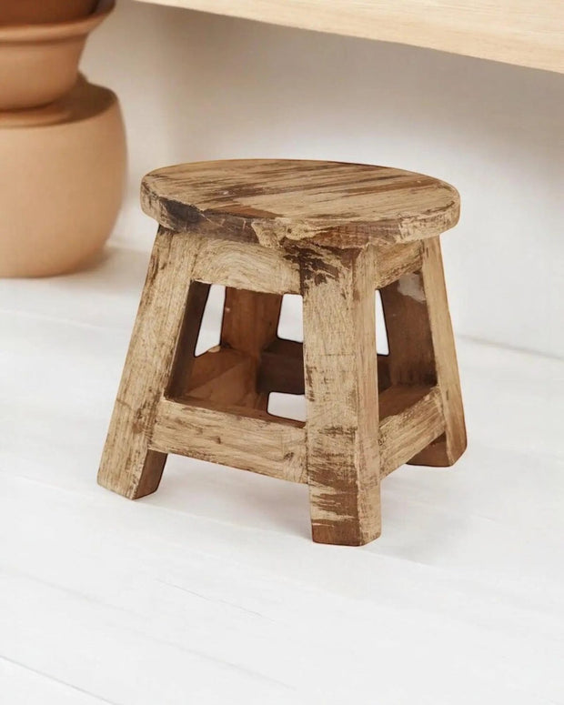 Rustic Patna wooden mini stool from My Amigos Imports, ideal for kitchen and dining spaces, featuring a natural farmhouse design.