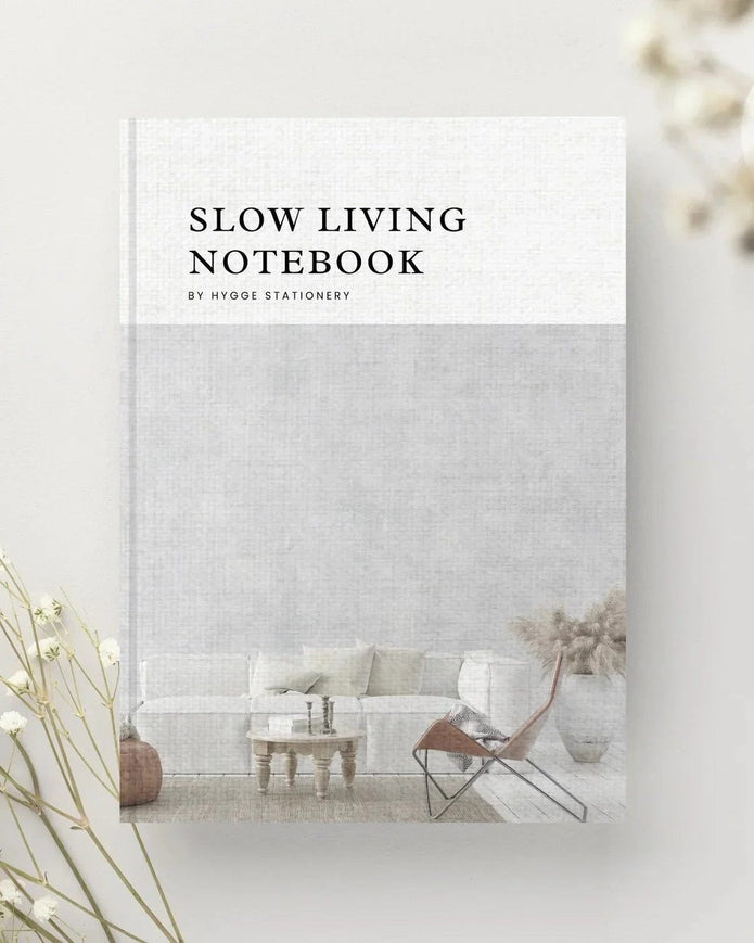 My Hygge Shop slow living notebook, gift journal with minimalist design and soft cover for daily reflection and relaxation.