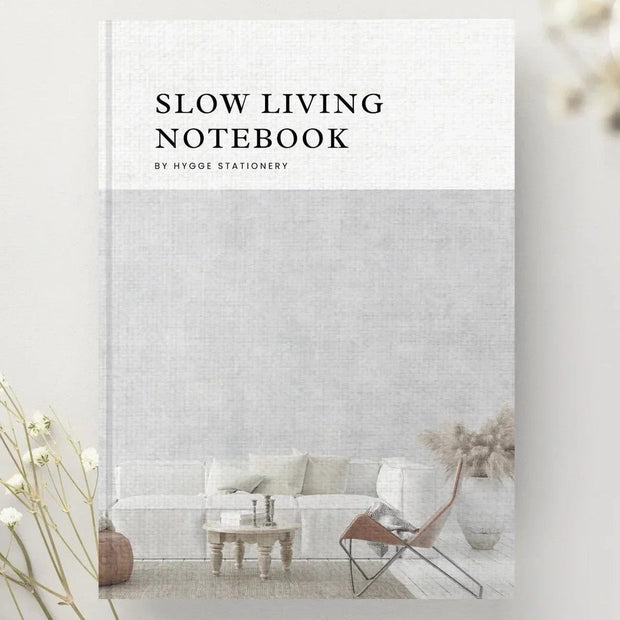 My Hygge Shop slow living notebook, gift journal with minimalist design and soft cover for daily reflection and relaxation.