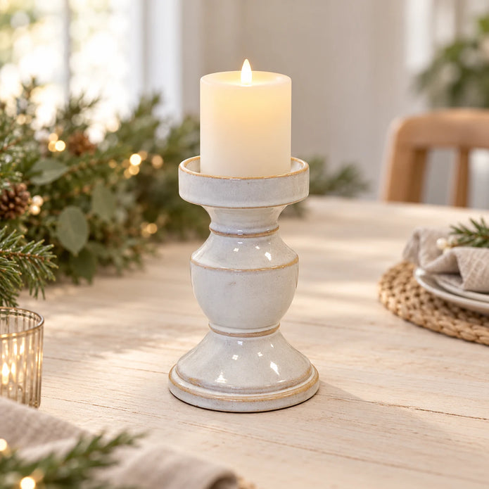 Medium ceramic candle holder styled with a flameless pillar candle on a Christmas dining table