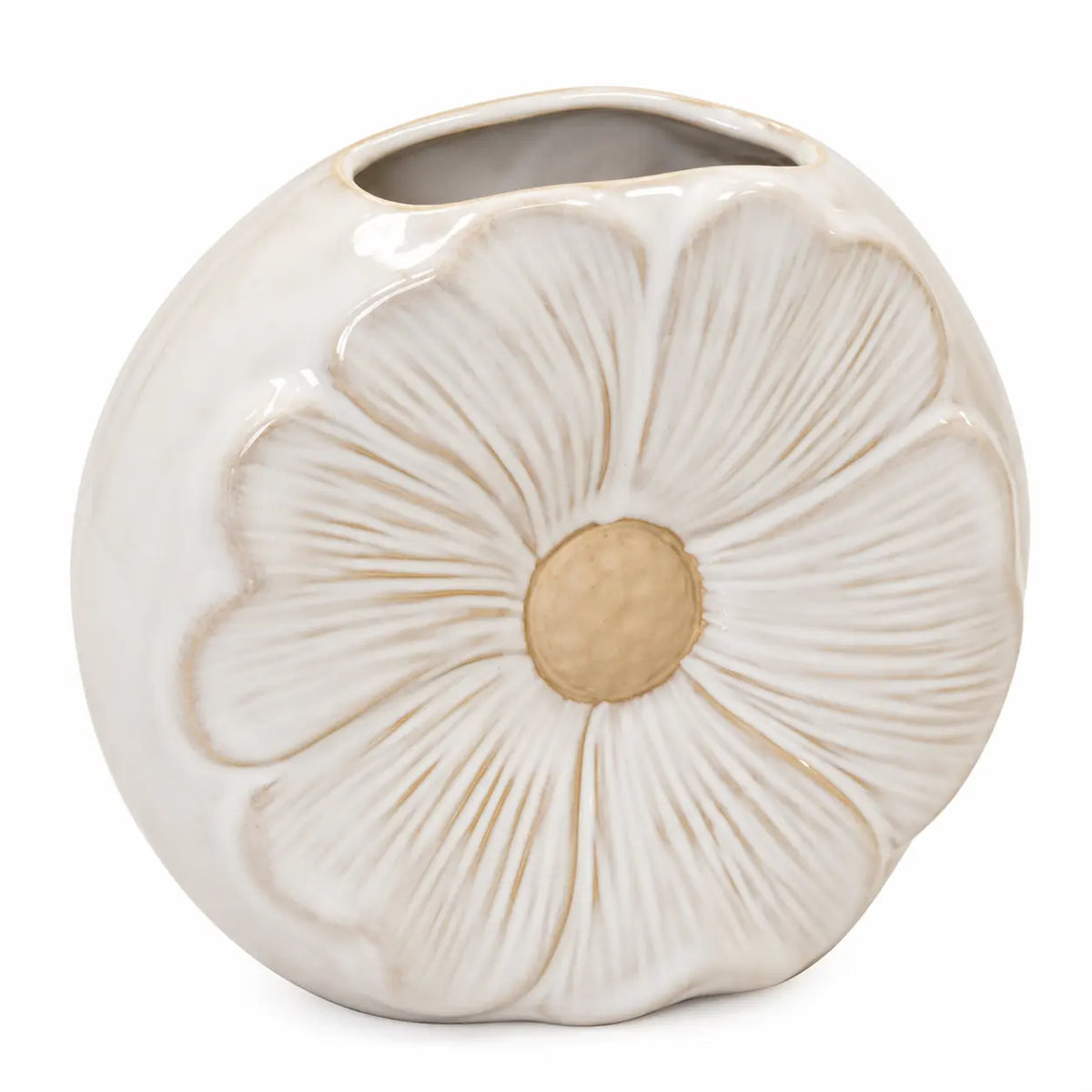 Satchville natural ceramic vase with detailed flower petal design, perfect for floral arrangements or decorative display.