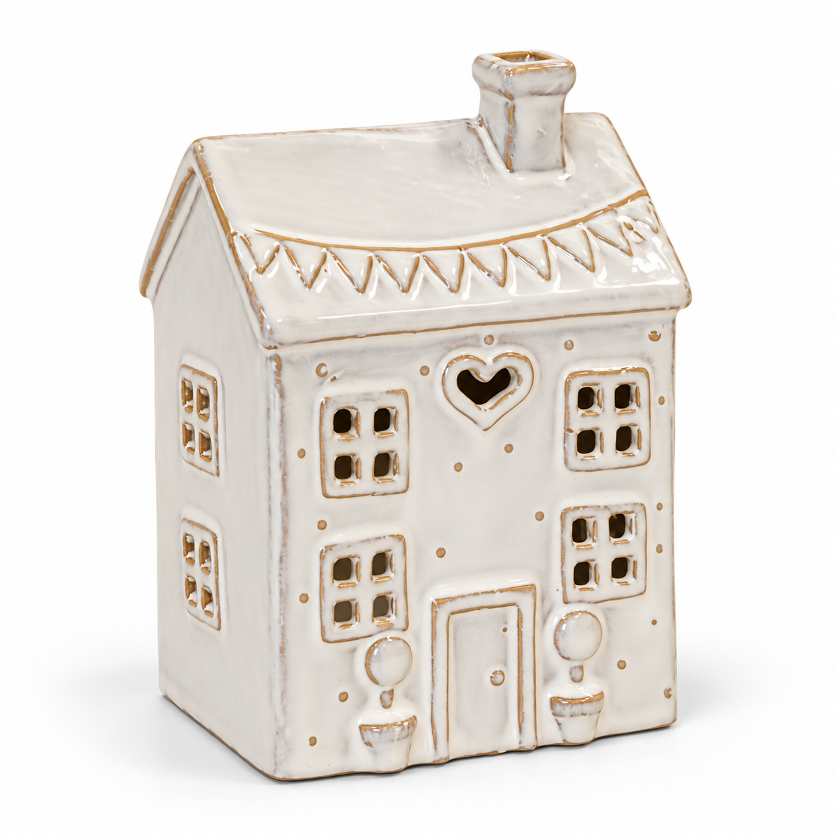 Natural ceramic heart house tealight holder empty on a white studio background