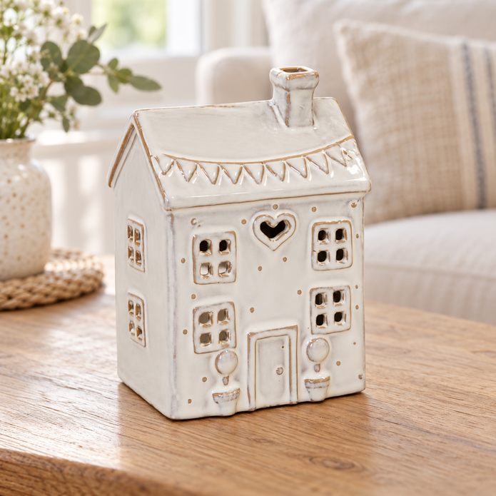Natural ceramic heart house tealight holder unlit on an oak side table