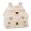 Natural ivory ceramic thatch roof tealight house, 16cm wide, studio view, shown empty.