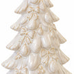 Close-up of embossed bows, baubles and layered branches on the natural glazed ceramic tree.