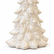Close-up of raised bows, baubles and layered branches on the ivory ceramic Christmas tree against white.