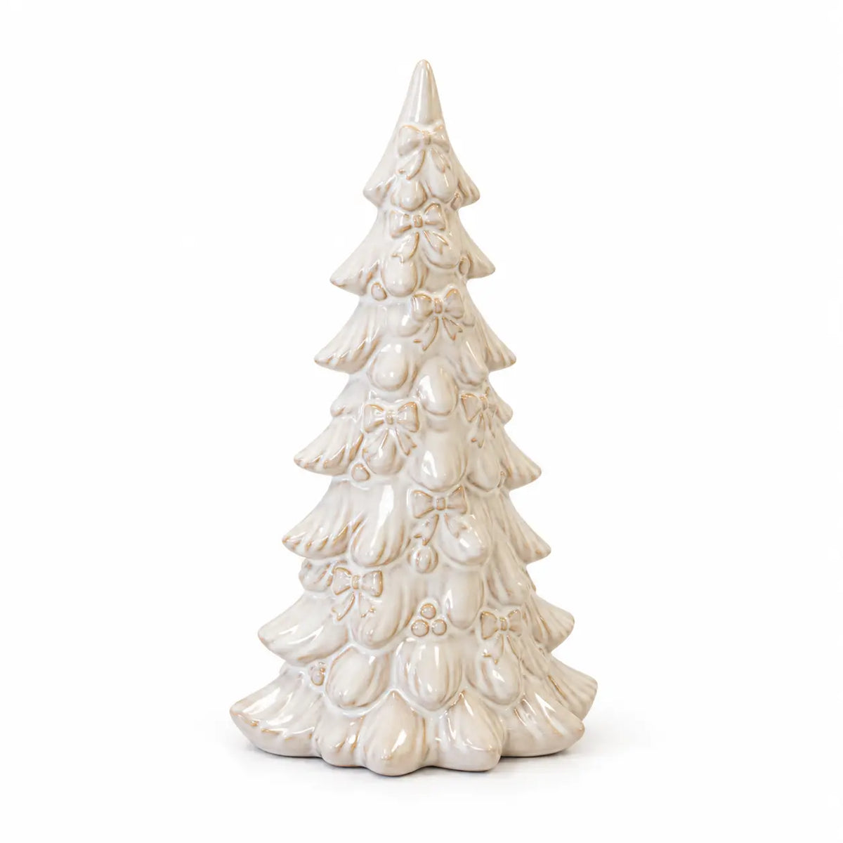 Small natural layered Christmas tree, full studio view showing the ivory glaze and pointed tip.