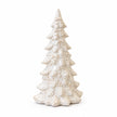 Small ivory glazed ceramic layered Christmas tree, full view against white.