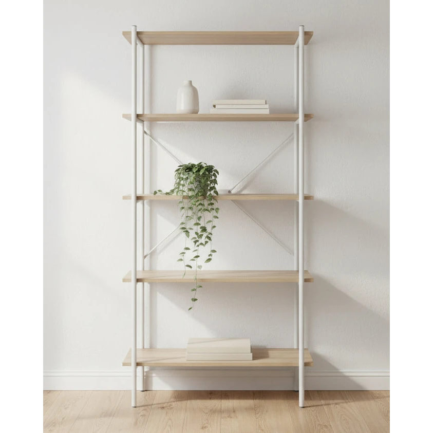 Natural oak five-tier shelving bookcase from Interiors by Premier, showcasing sturdy wood shelves and a sleek design.