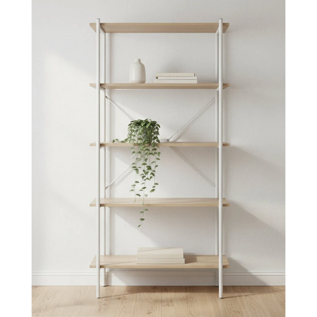 Natural oak five-tier shelving bookcase from Interiors by Premier, showcasing sturdy wood shelves and a sleek design.