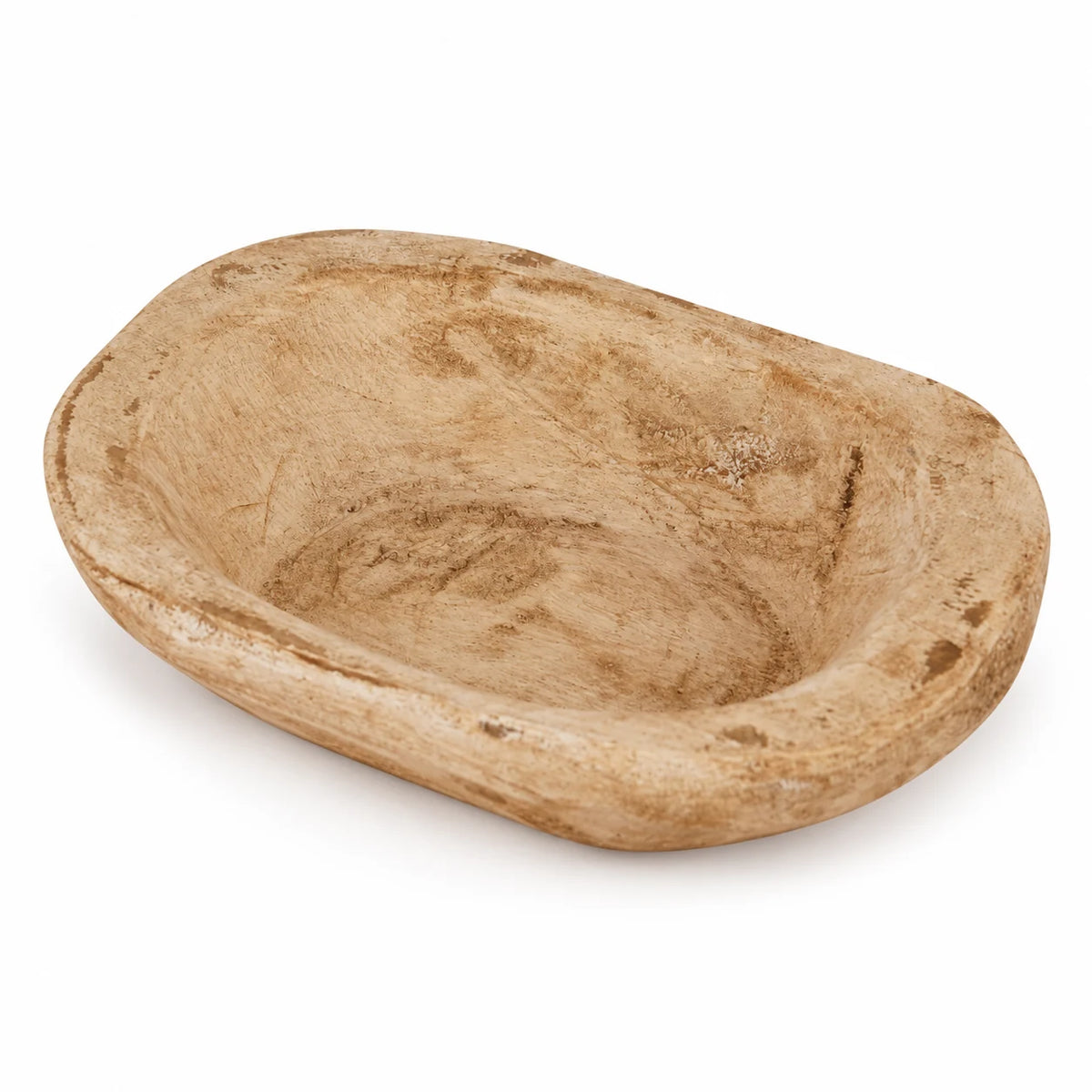 Natural pine mini dough bowl with a shallow rounded basin and pale textured wood, shown empty against white.