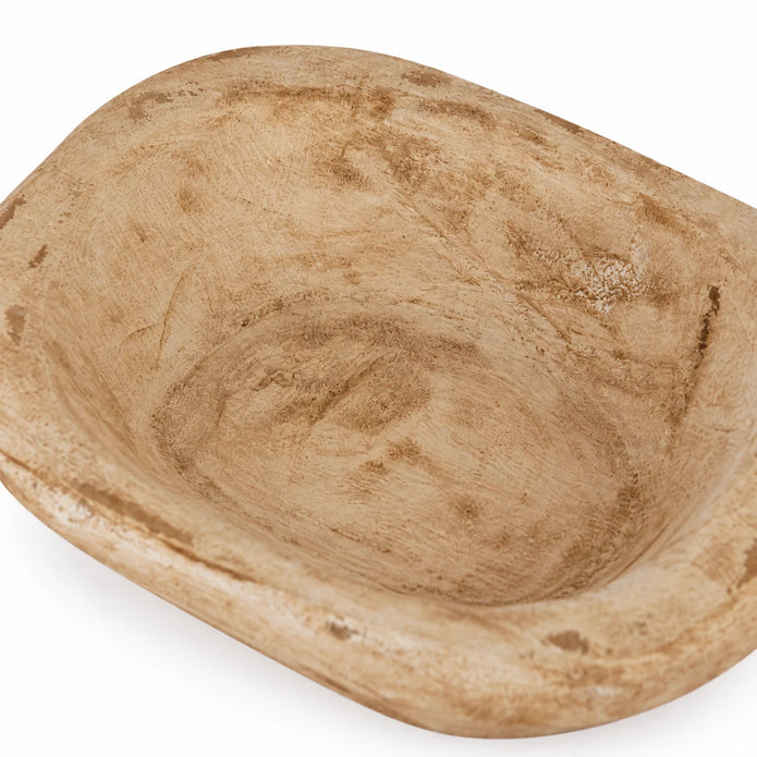 Close-up of the natural pine mini dough bowl’s inner basin, showing swirling grain and uneven carving.