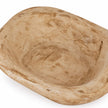 Close-up of the natural pine mini dough bowl’s inner basin, showing swirling grain and uneven carving.
