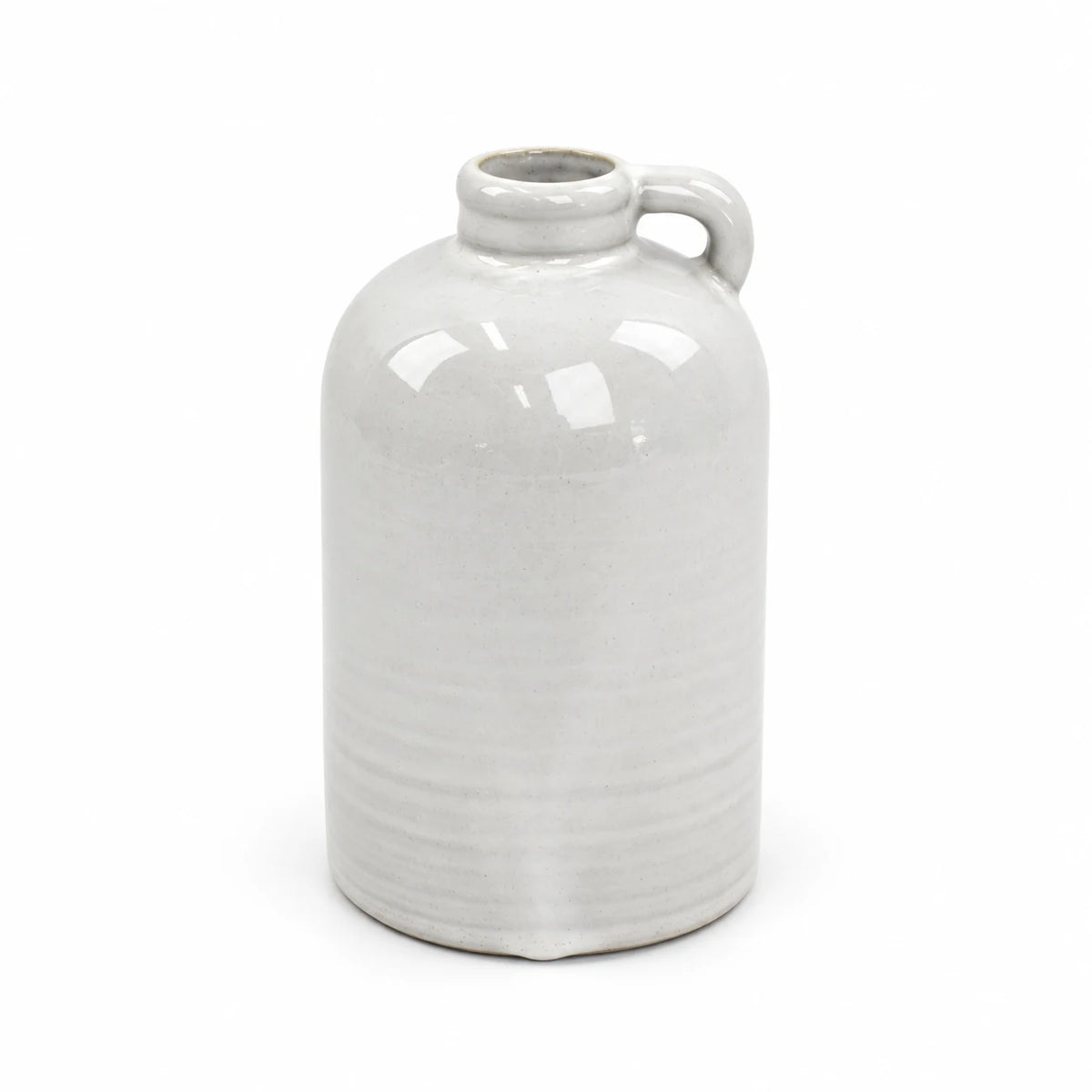 Natural stoneglazed short jug vase shown empty against a white background