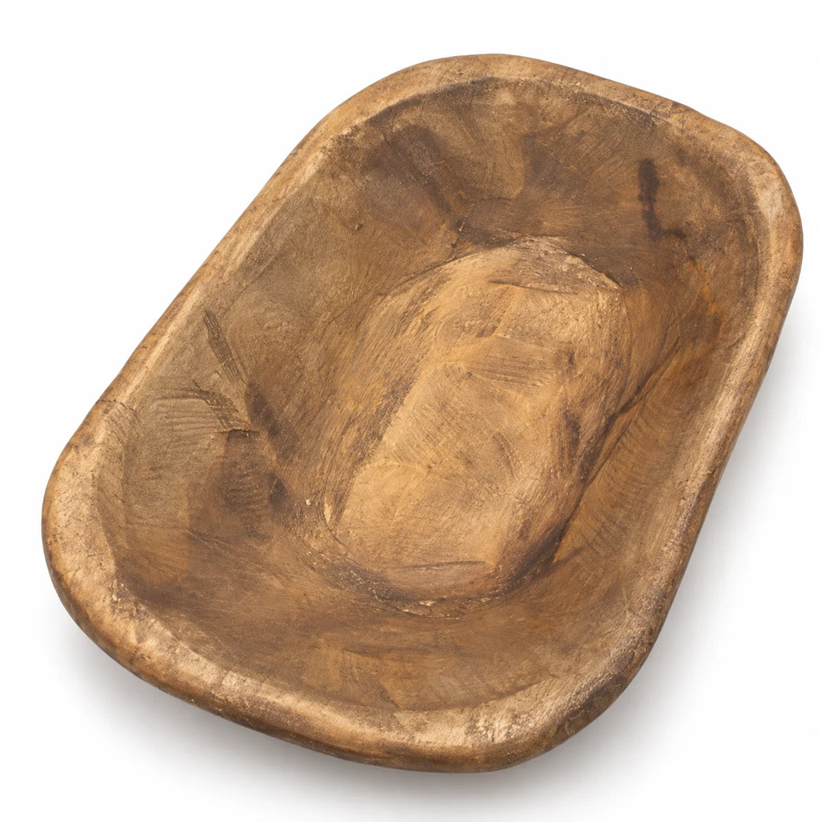 Natural walnut mini dough bowl with a warm brown rim and lighter carved centre, shown empty against white.