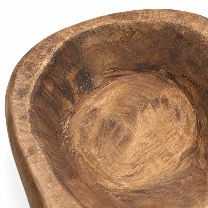 Close-up of the natural walnut mini dough bowl’s uneven rim, showing coarse grain and hand-carved texture.