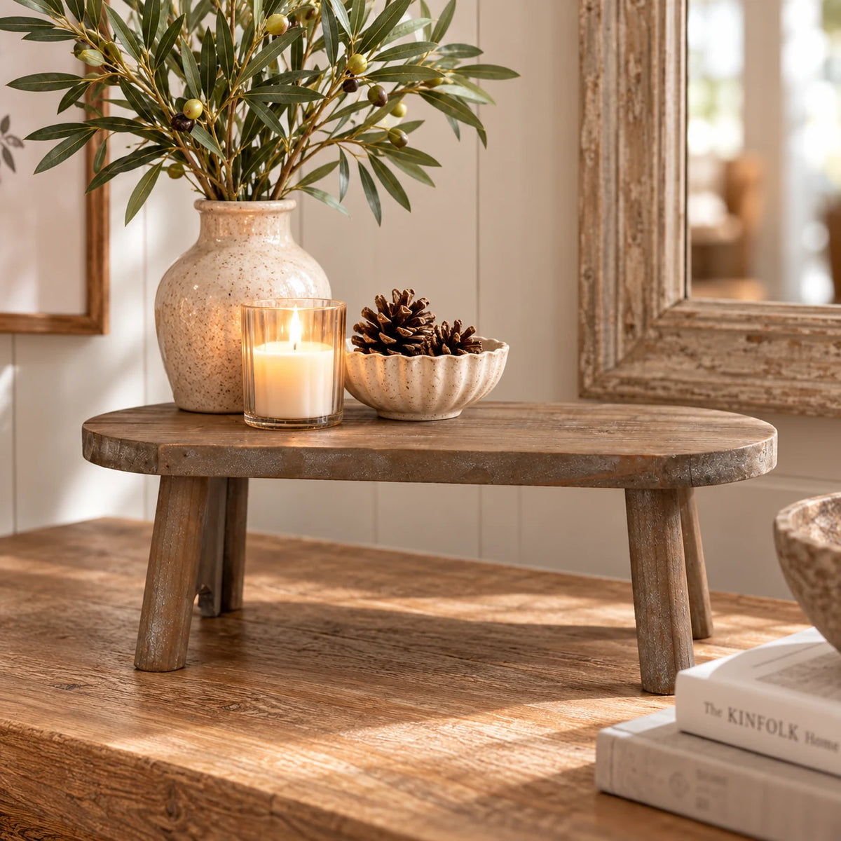 Natural wood oval bench by Gisela Graham, stylish home decor piece with a smooth finish and elegant oval shape.