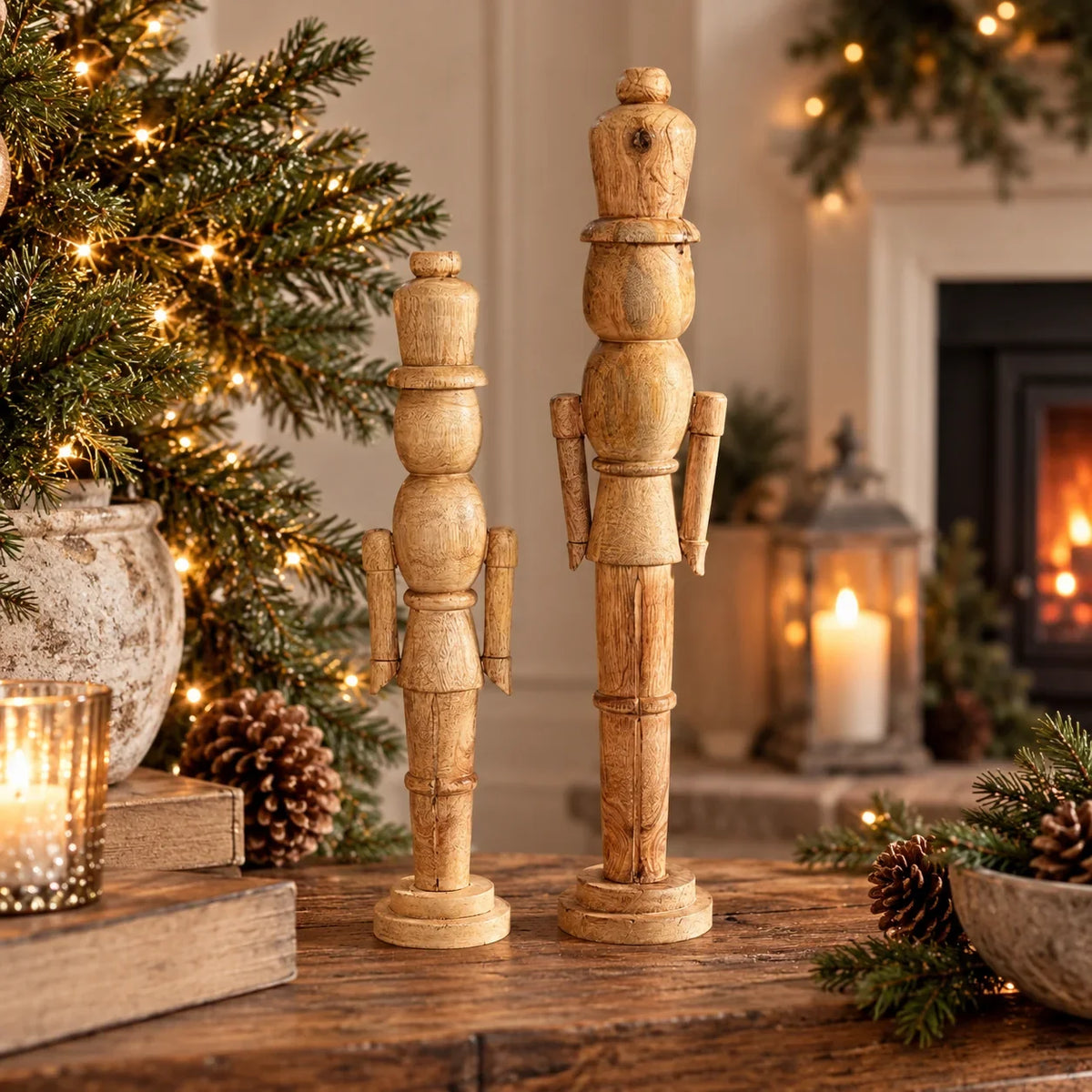 Medium and large natural wooden nutcracker decorations in a neutral Christmas home setting, photograph 4