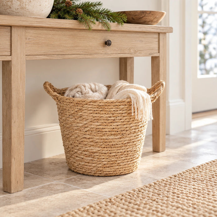 Natural woven basket with handles storing cream scarves beneath a wooden hallway console
