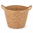 Single empty natural woven basket with two loop handles on a white background