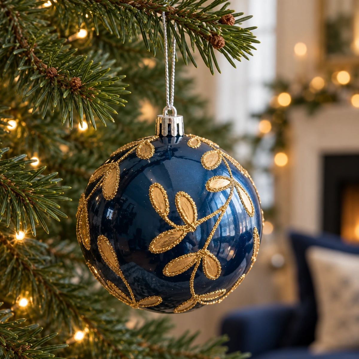 Navy blue and gold Christmas ornament bauble from Starlight Express with a shiny finish, ideal for holiday decorations.