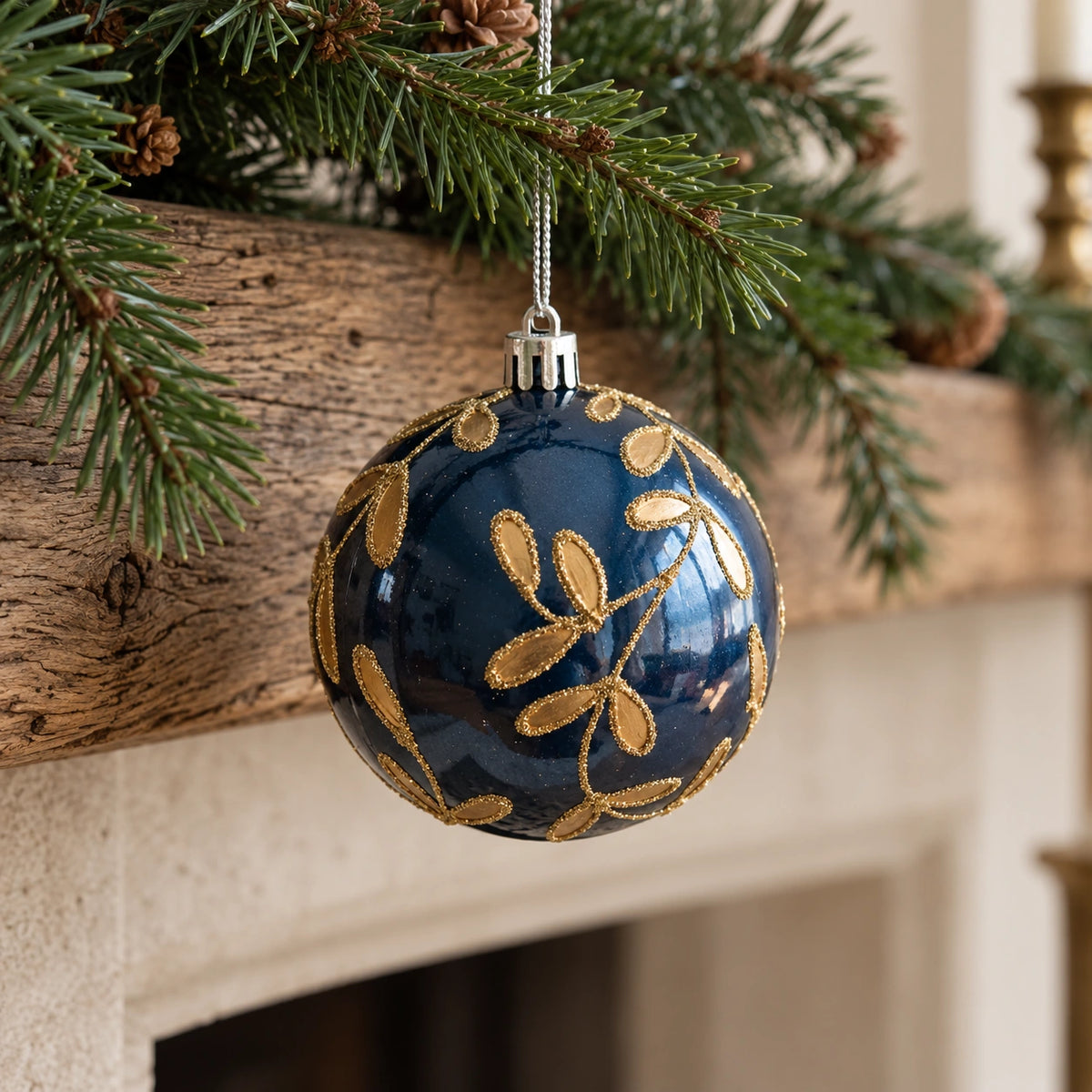 Navy blue and gold Christmas bauble by Starlight Express hanging on a decorated tree branch.