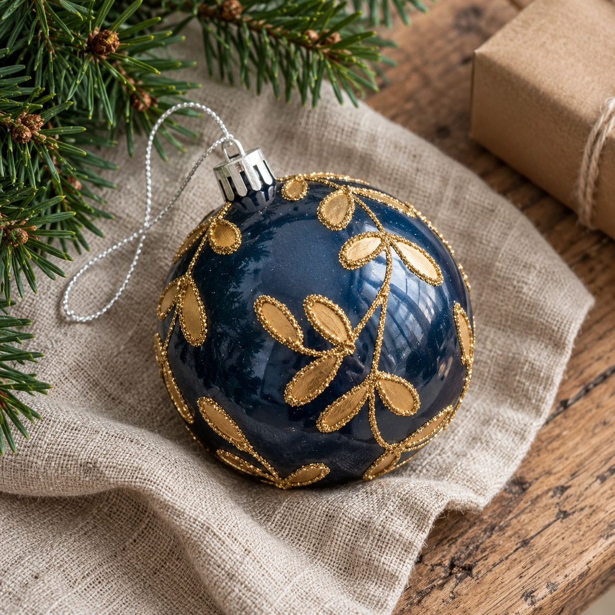 Navy blue and gold Christmas bauble by Starlight Express hanging on a decorated holiday tree with lights and ornaments.