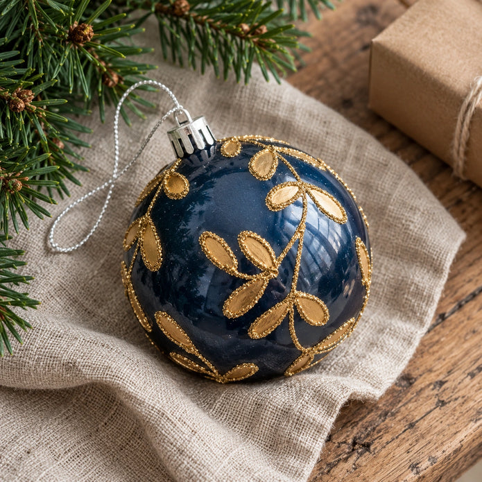 Navy blue and gold Christmas bauble by Starlight Express hanging on a decorated holiday tree with lights and ornaments.