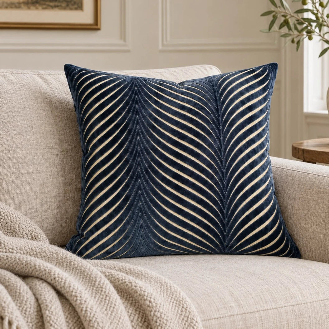 Navy Blue Cut Velvet Fan Cushion Cover, navy cushion with pale fan-shaped lines on a cream sofa