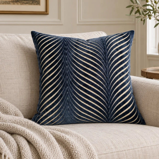 Navy Blue Cut Velvet Fan Cushion Cover, navy cushion with pale fan-shaped lines on a cream sofa