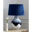 Navy blue glass lamp with deep blue linen shade, decorative lighting by Hill Interiors, 68cm tall.
