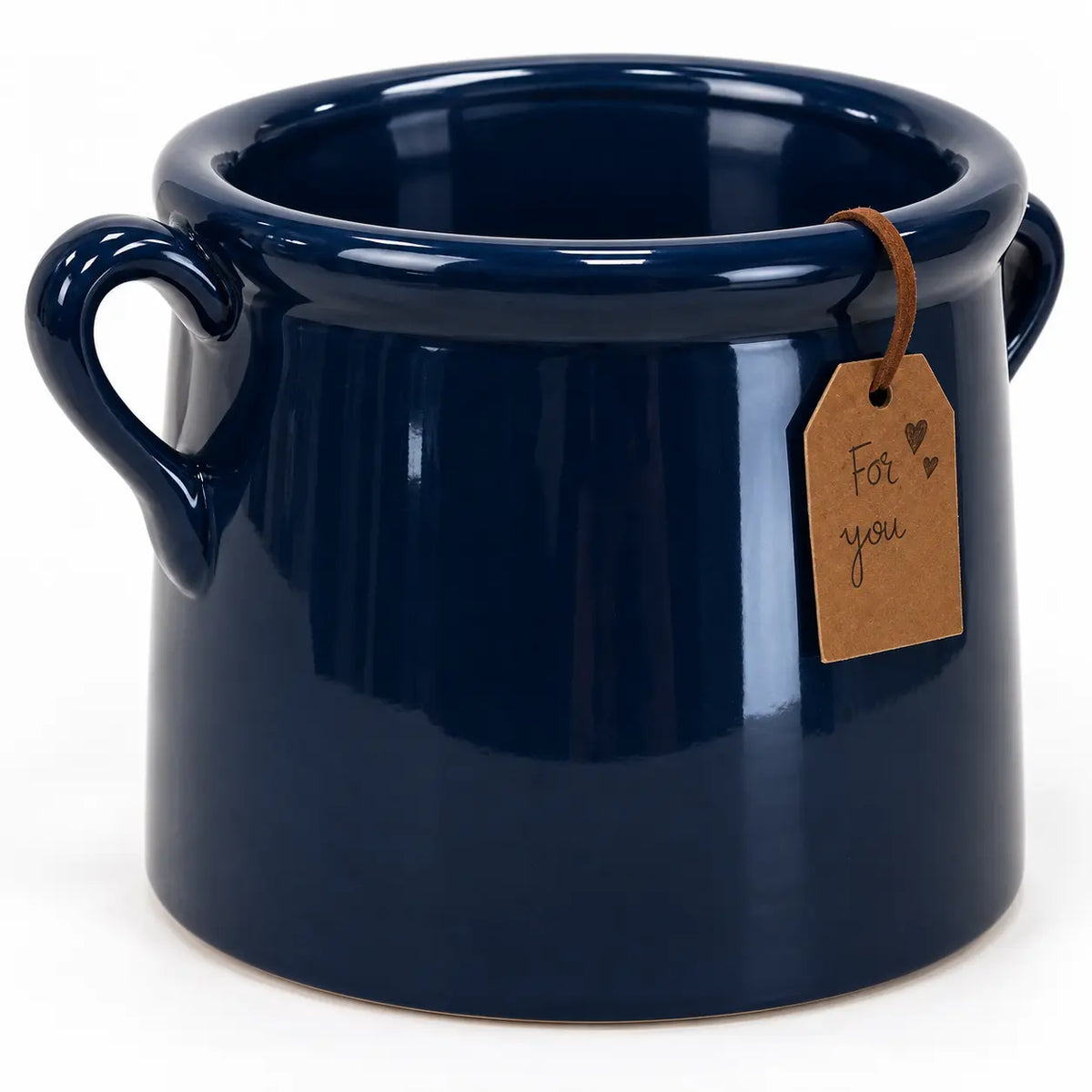 Elevated detail of the navy pot showing its rolled rim, handles and glossy glaze