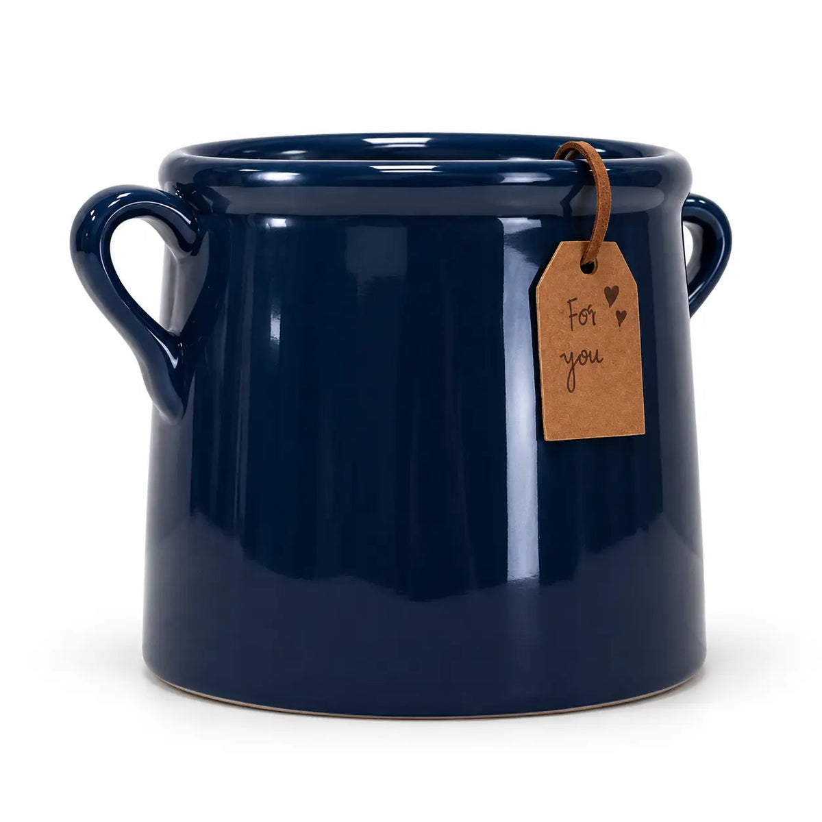 Navy blue milk churn stoneware pot with For you tag isolated on white