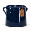 Navy blue milk churn stoneware pot with For you tag isolated on white