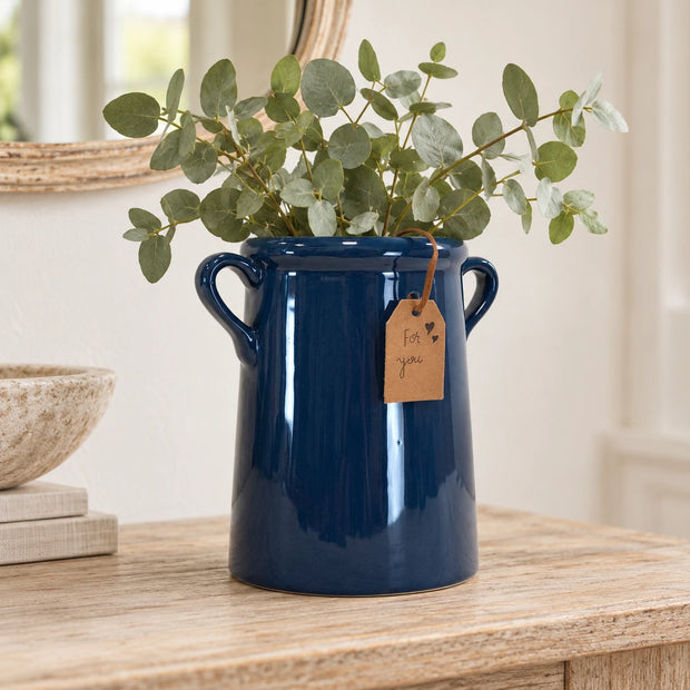 Navy blue milk churn stoneware vase by Satchville, featuring a rustic design and smooth finish, ideal for decorative floral arrangements.