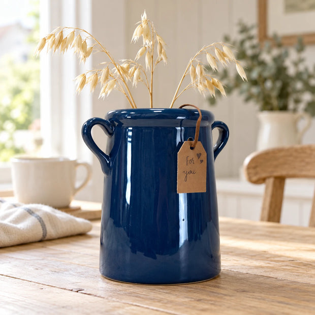 Navy blue Milk Churn stoneware vase by Satchville, featuring a classic design and smooth finish, perfect for floral arrangements.