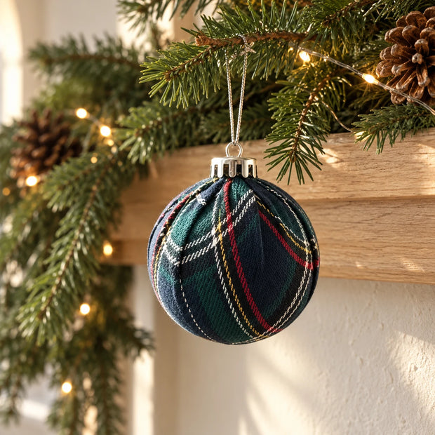 Navy tartan fabric bauble hanging from a natural fir Christmas mantel garland.