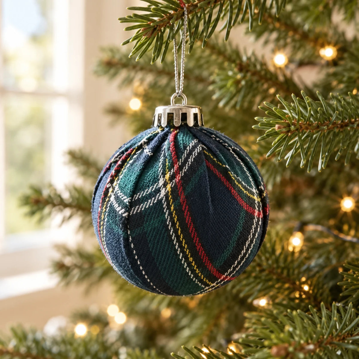 Navy blue tartan Christmas bauble by Starlight Express, decorated with a festive tartan pattern for holiday decorations.