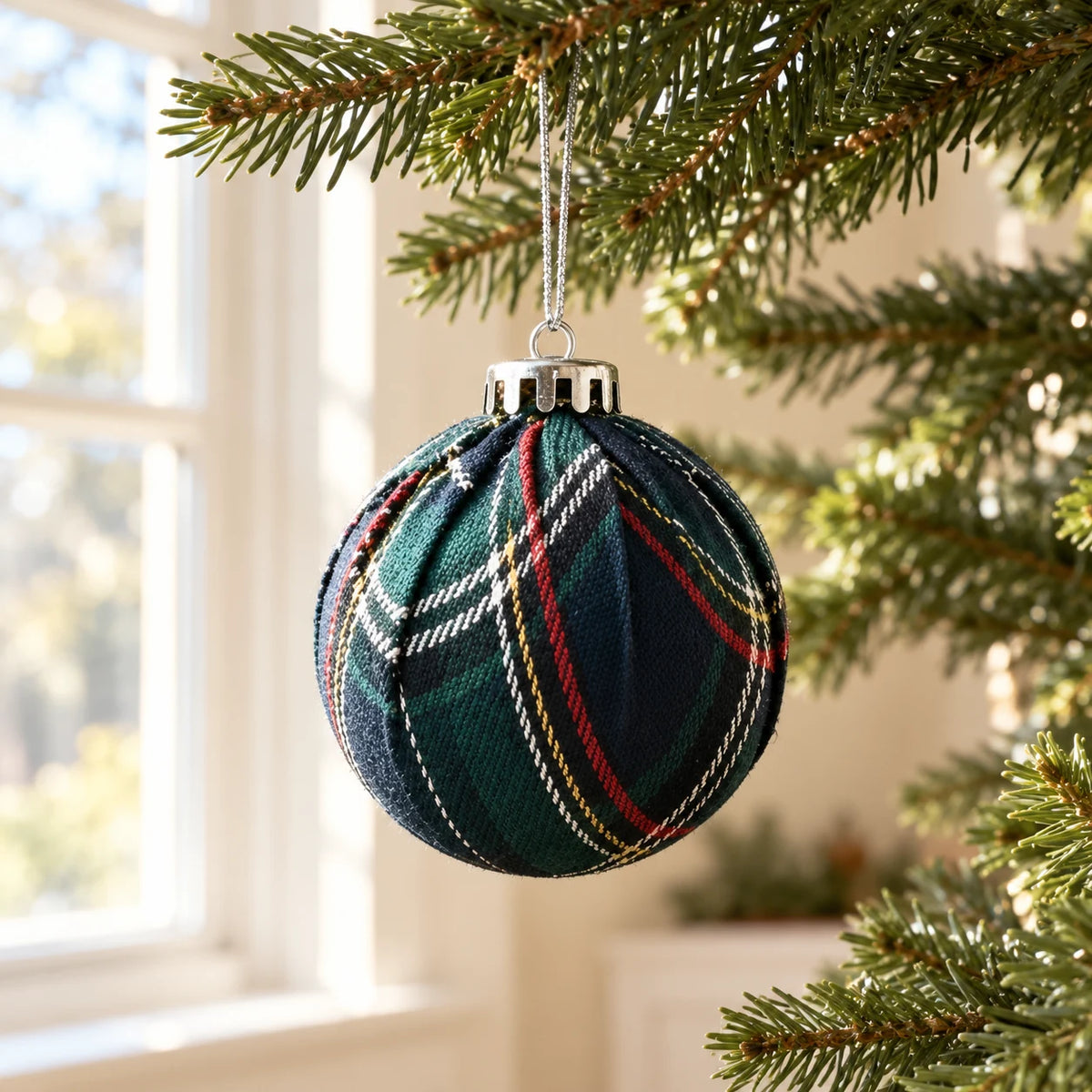 Navy blue tartan Christmas bauble from Starlight Express hanging in a window for holiday decor.