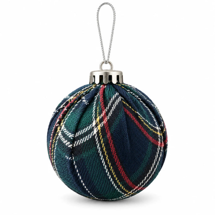 Navy blue tartan Christmas bauble by Starlight Express with a glossy finish, perfect for holiday decorations.