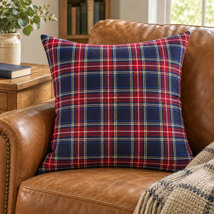 Blue tartan cushion cover on a tan leather armchair, inner not included