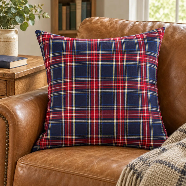 Navy and red tartan check cushion cover by RKAAS HOME, soft furnishings for armchairs or sofas.