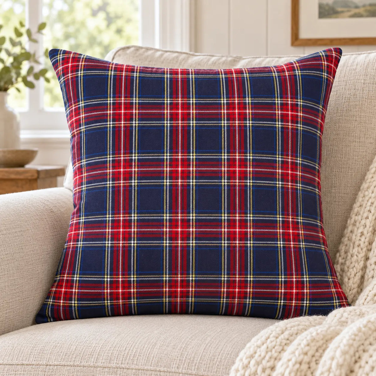Navy and red tartan cushion cover styled on an oatmeal sofa, inner not included