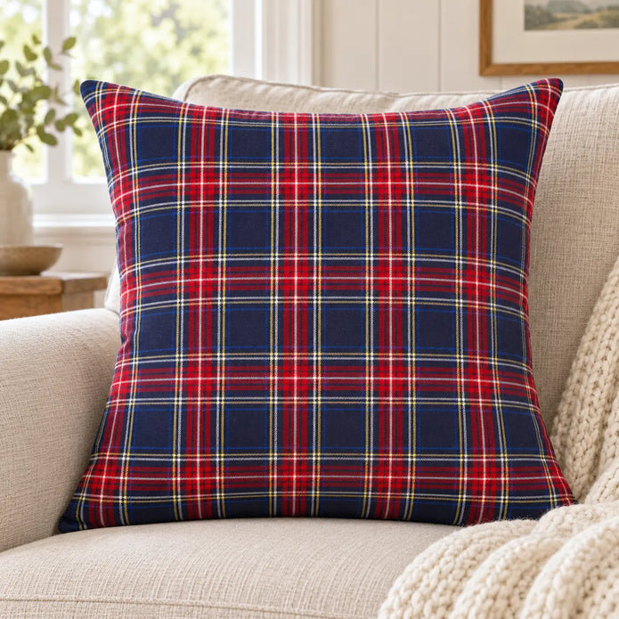 Navy and red tartan cushion cover styled on an oatmeal sofa, inner not included