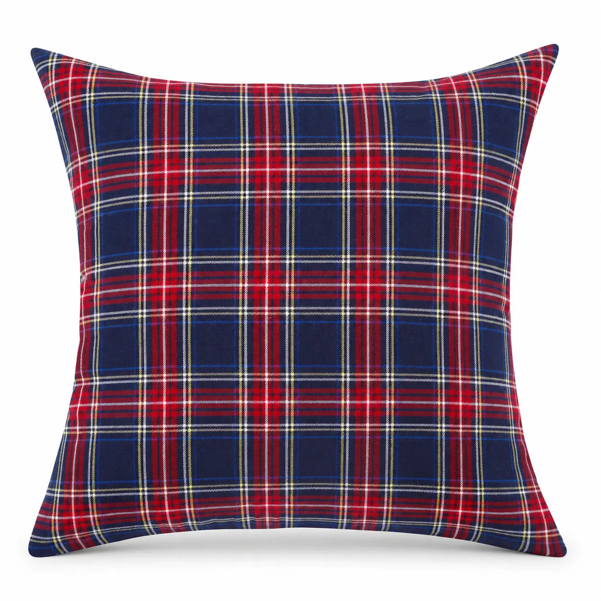 45 by 45 cm blue tartan cushion cover shown filled on white, inner not included