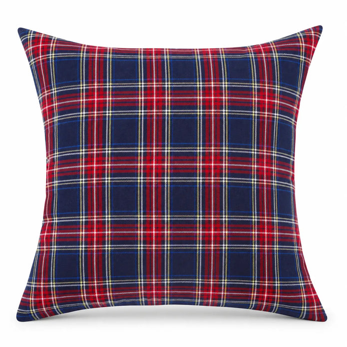 45 by 45 cm blue tartan cushion cover shown filled on white, inner not included