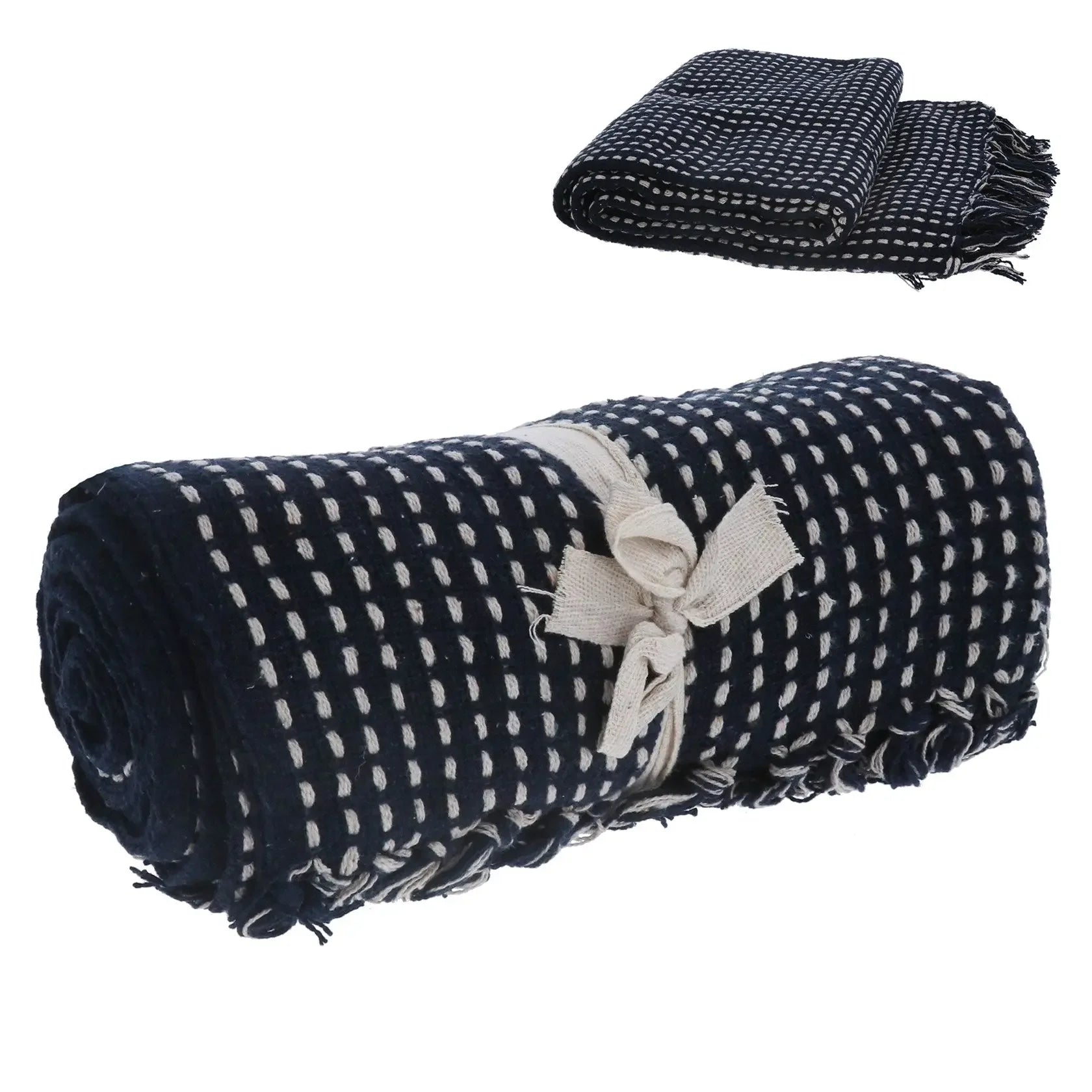 Navy Woven Cotton Stab Stitch Throw - Soft FurnishingsSoft Furnishings - Lulu Loves Home